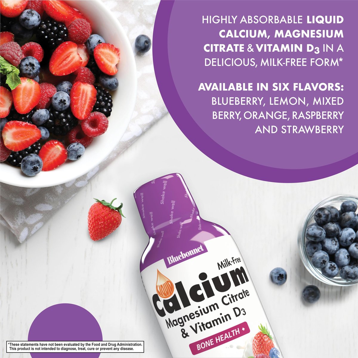 Bluebonnet Nutrition Flüssiges Calciumcitrat mit Magnesium, Vitamin D3 – für die Knochengesundheit – glutenfrei, sojafrei, milchfrei, koscher – 473 ml – 32 Portionen – Geschmack: gemischte Beeren