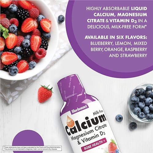 Bluebonnet Nutrition Flüssiges Calciumcitrat mit Magnesium, Vitamin D3 – für die Knochengesundheit – glutenfrei, sojafrei, milchfrei, koscher – 473 ml – 32 Portionen – Geschmack: gemischte Beeren