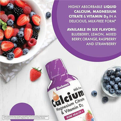 Bluebonnet Nutrition Flüssiges Calciumcitrat mit Magnesium, Vitamin D3 – für die Knochengesundheit – glutenfrei, sojafrei, milchfrei, koscher – 473 ml – 32 Portionen – Geschmack: gemischte Beeren