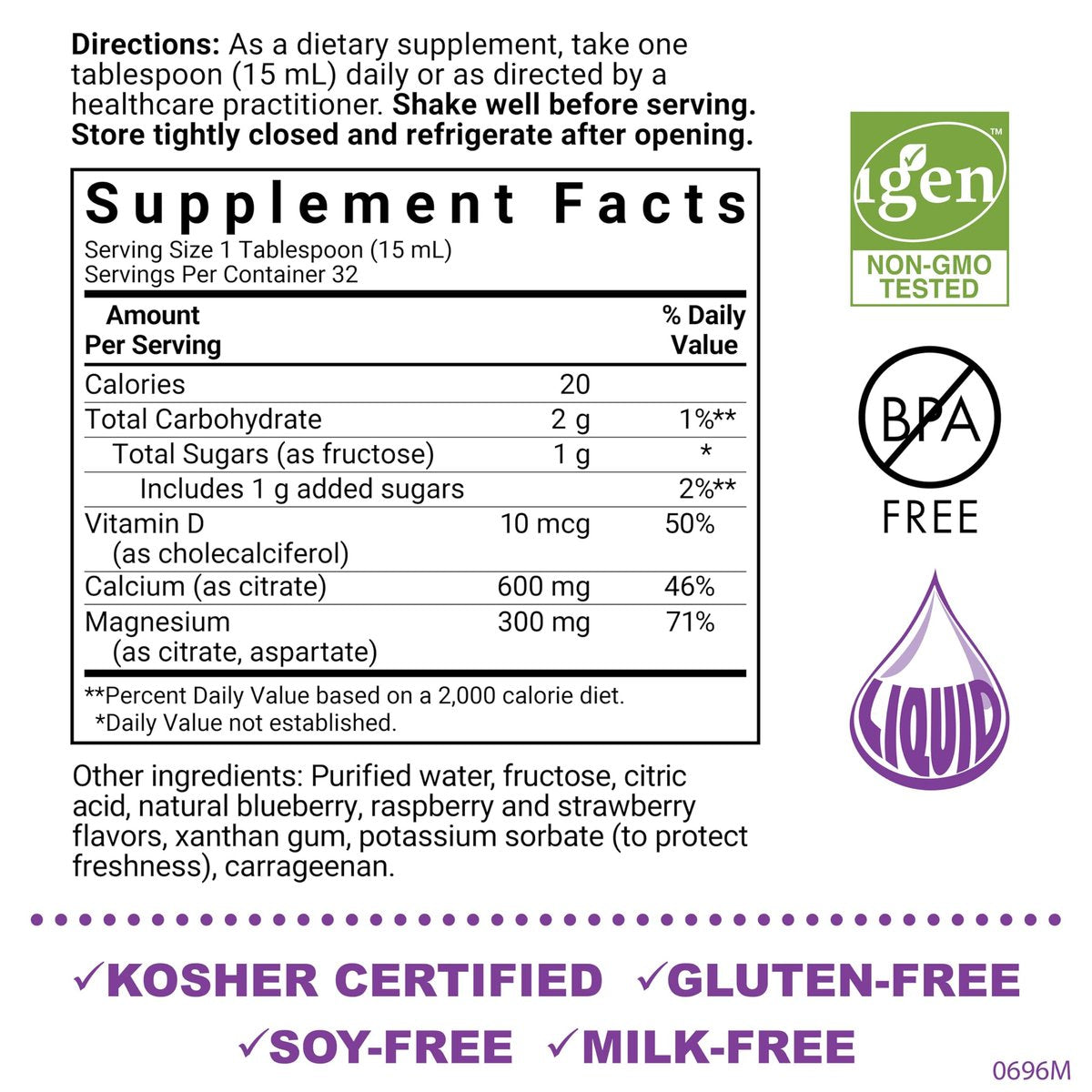 Bluebonnet Nutrition Flüssiges Calciumcitrat mit Magnesium, Vitamin D3 – für die Knochengesundheit – glutenfrei, sojafrei, milchfrei, koscher – 473 ml – 32 Portionen – Geschmack: gemischte Beeren