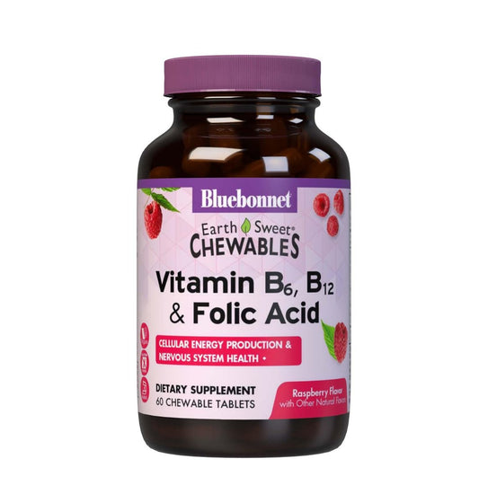 Bluebonnet Nutrition Earth Sweet Vitamin B6, B12, Plus Folsäure Kautabletten - Vegan, Glutenfrei, Sojafrei, Milchfrei, Koscher, 60 Kautabletten, Himbeergeschmack