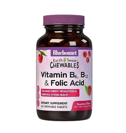 Bluebonnet Nutrition Earth Sweet Vitamin B6, B12, Plus Folsäure Kautabletten - Vegan, Glutenfrei, Sojafrei, Milchfrei, Koscher, 60 Kautabletten, Himbeergeschmack