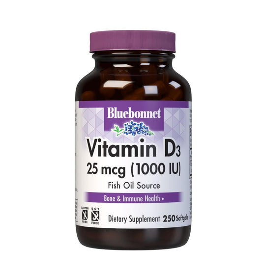 Bluebonnet Nutrition Vitamin D3 1000 IE Weichkapseln – Unterstützt Muskel- und Knochenwachstum, Cholecalciferol aus Fischöl, Non GMO, Glutenfrei, Sojafrei, Milchfrei, 250 Weichkapseln