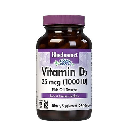 Bluebonnet Nutrition Vitamin D3 1000 IE Weichkapseln – Unterstützt Muskel- und Knochenwachstum, Cholecalciferol aus Fischöl, Non GMO, Glutenfrei, Sojafrei, Milchfrei, 250 Weichkapseln