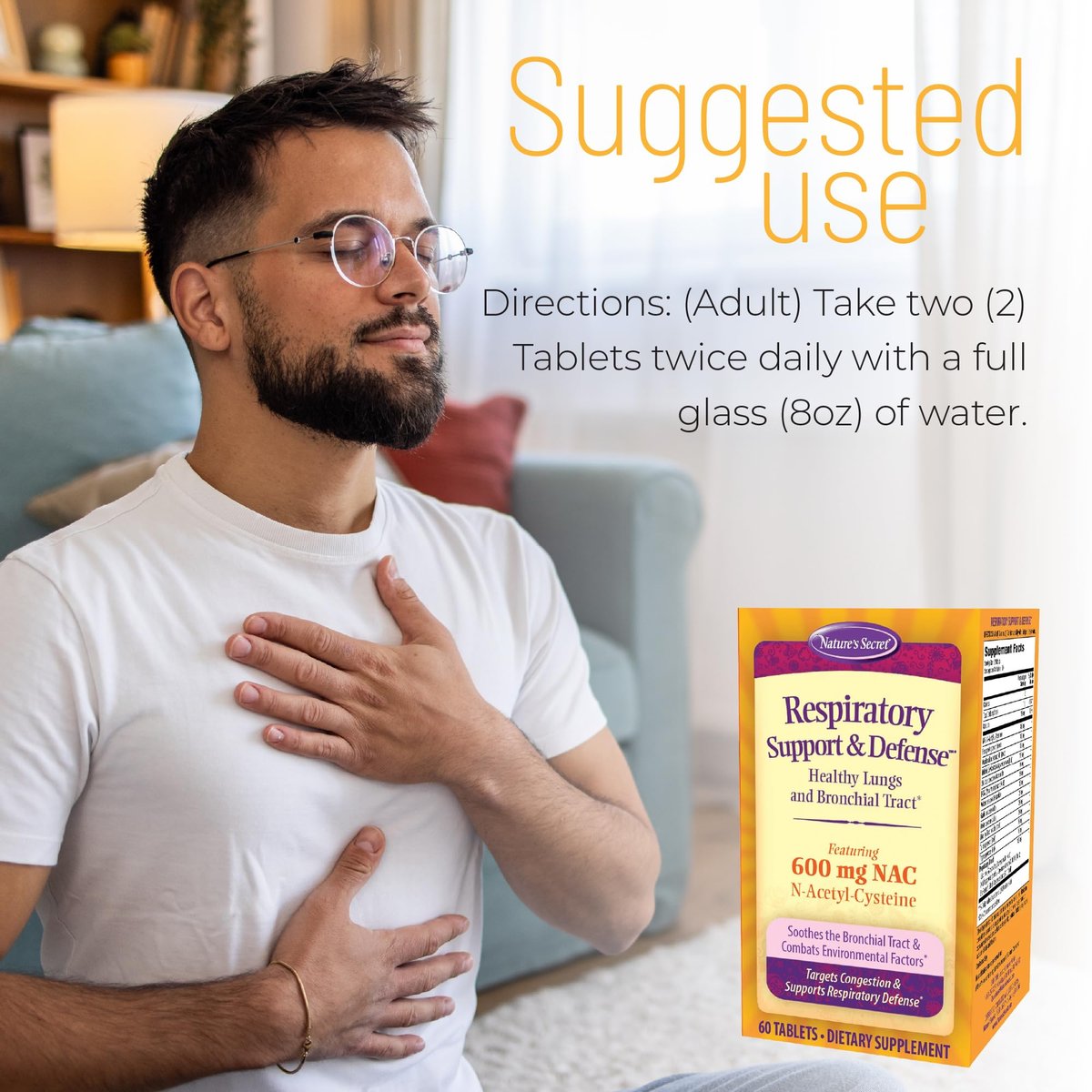 Nature's Secret Atemwegsunterstützung & Abwehr – 60 Tabletten – Fördert gesunde Lunge und Bronchien – mit NAC, Bockshornklee & Eibisch – 30 Portionen