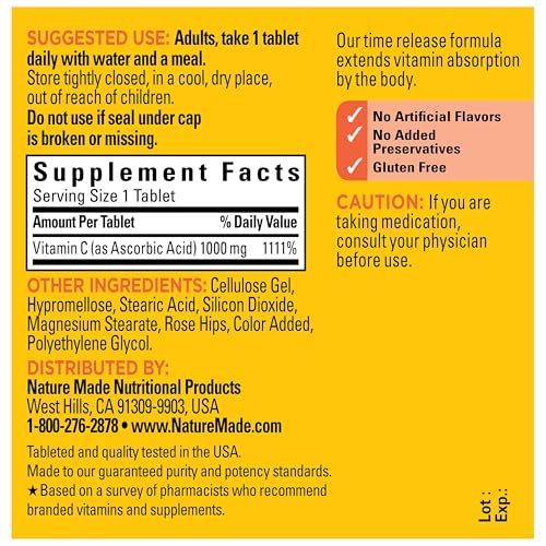 Nature Made Vitamin C 1000 mg mit Hagebutte – Nahrungsergänzungsmittel zur Immununterstützung, 60 Tabletten mit verlängerter Freisetzung, 60-Tage-Vorrat