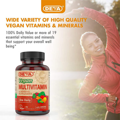 DEVA Vegan Multivitamin & Mineral Supplement mit Eisen 2er-Pack, Spirulina, Chlorella, Ashwagandha, Brokkoli & mehr, 90 überzogene Tabletten pro Packung