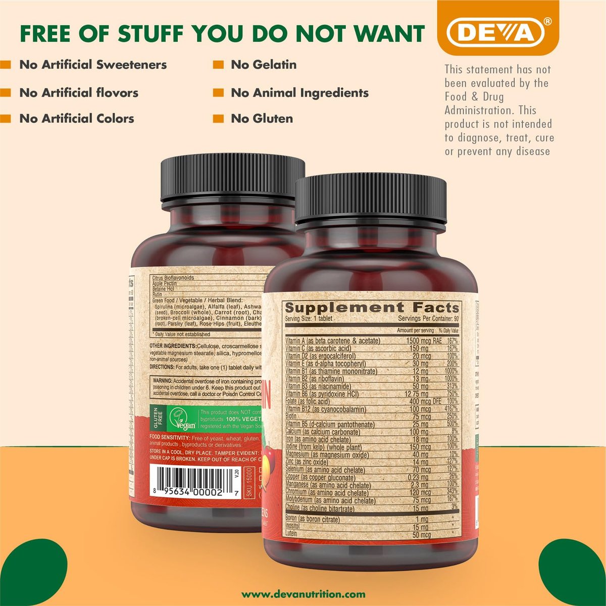 DEVA Vegan Multivitamin & Mineral Supplement mit Eisen 2er-Pack, Spirulina, Chlorella, Ashwagandha, Brokkoli & mehr, 90 überzogene Tabletten pro Packung