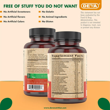 DEVA Vegan Multivitamin & Mineral Supplement mit Eisen 2er-Pack, Spirulina, Chlorella, Ashwagandha, Brokkoli & mehr, 90 überzogene Tabletten pro Packung
