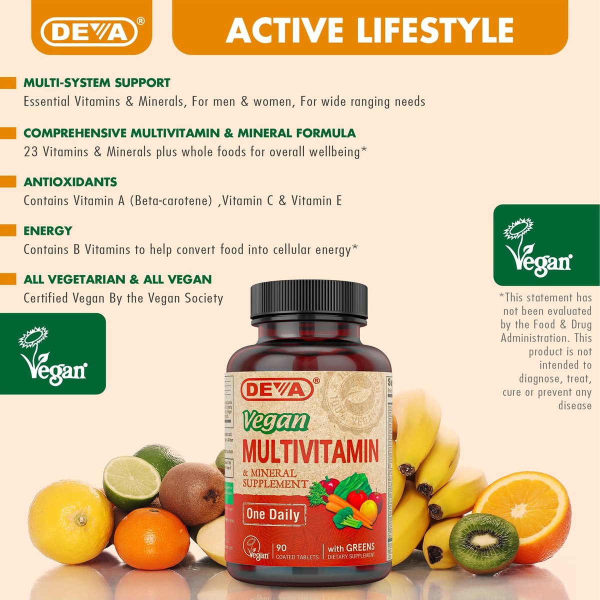 DEVA Vegan Multivitamin & Mineral Supplement mit Eisen 2er-Pack, Spirulina, Chlorella, Ashwagandha, Brokkoli & mehr, 90 überzogene Tabletten pro Packung