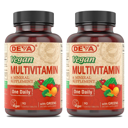 DEVA Vegan Multivitamin & Mineral Supplement mit Eisen 2er-Pack, Spirulina, Chlorella, Ashwagandha, Brokkoli & mehr, 90 überzogene Tabletten pro Packung
