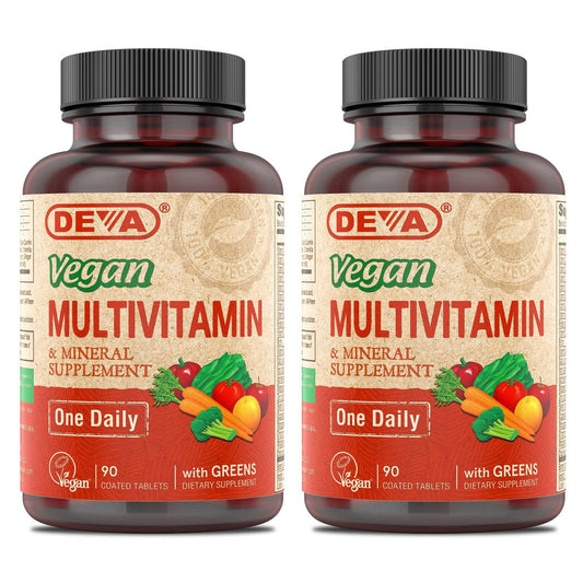 DEVA Vegan Multivitamin & Mineral Supplement mit Eisen 2er-Pack, Spirulina, Chlorella, Ashwagandha, Brokkoli & mehr, 90 überzogene Tabletten pro Packung