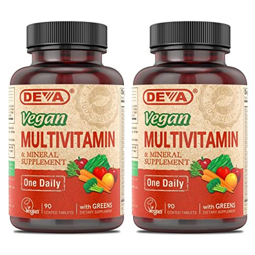 DEVA Vegan Multivitamin & Mineral Supplement mit Eisen 2er-Pack, Spirulina, Chlorella, Ashwagandha, Brokkoli & mehr, 90 überzogene Tabletten pro Packung