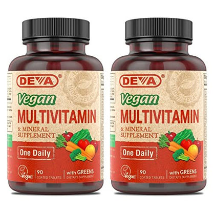 DEVA Vegan Multivitamin & Mineral Supplement mit Eisen 2er-Pack, Spirulina, Chlorella, Ashwagandha, Brokkoli & mehr, 90 überzogene Tabletten pro Packung