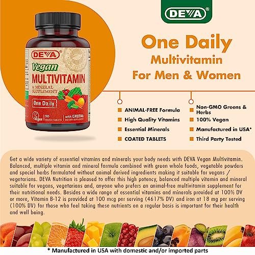 DEVA Vegan Multivitamin & Mineral Supplement mit Eisen 2er-Pack, Spirulina, Chlorella, Ashwagandha, Brokkoli & mehr, 90 überzogene Tabletten pro Packung