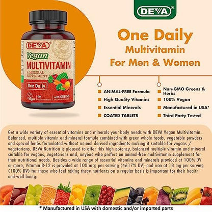 DEVA Vegan Multivitamin & Mineral Supplement mit Eisen 2er-Pack, Spirulina, Chlorella, Ashwagandha, Brokkoli & mehr, 90 überzogene Tabletten pro Packung