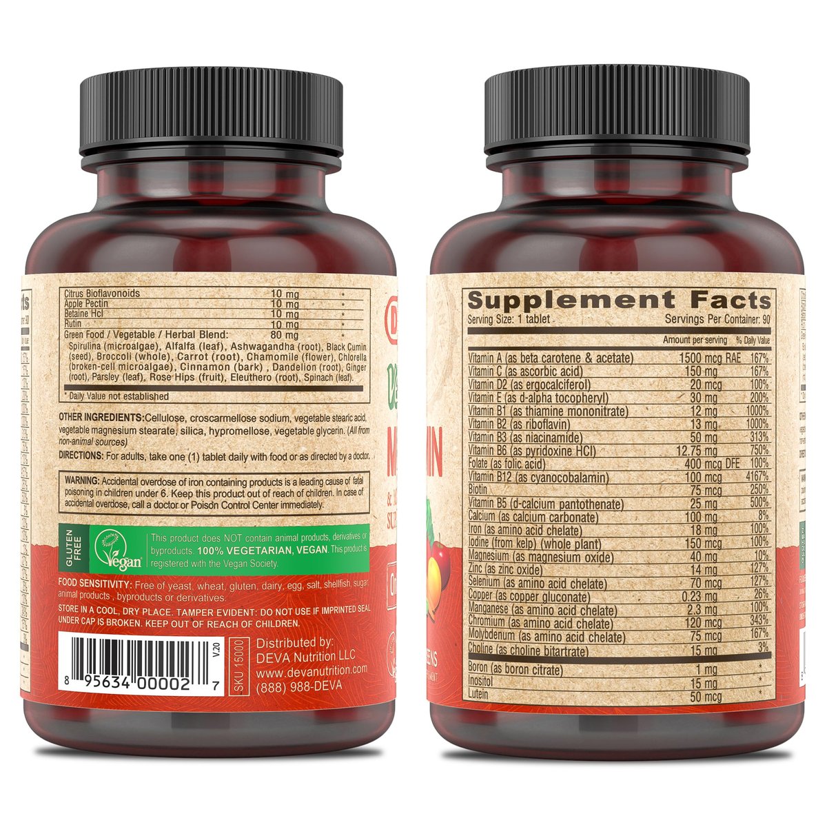 DEVA Vegan Multivitamin & Mineral Supplement mit Eisen 2er-Pack, Spirulina, Chlorella, Ashwagandha, Brokkoli & mehr, 90 überzogene Tabletten pro Packung