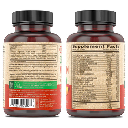 DEVA Vegan Multivitamin & Mineral Supplement mit Eisen 2er-Pack, Spirulina, Chlorella, Ashwagandha, Brokkoli & mehr, 90 überzogene Tabletten pro Packung