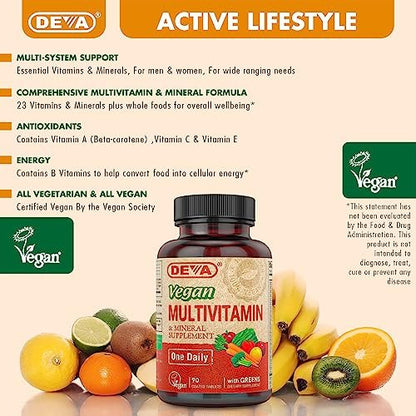 DEVA Vegan Multivitamin & Mineral Supplement mit Eisen 2er-Pack, Spirulina, Chlorella, Ashwagandha, Brokkoli & mehr, 90 überzogene Tabletten pro Packung
