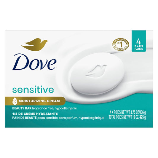 Dove Beauty Bar Sensitive – 4er-Pack parfümfreie, hypoallergene Seife für empfindliche Haut, 3,75 oz pro Riegel