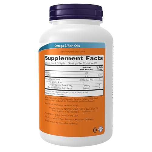 NOW Foods Omega-3 Fischöl 180 EPA / 120 DHA, 200 Weichkapseln