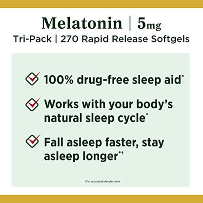 Nature's Bounty Melatonin 5 mg, 90 Kapseln, 3er-Pack – 100% Arzneimittelfreies Schlafmittel, Nahrungsergänzungsmittel zur Förderung von Entspannung und gesundem Schlaf