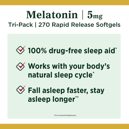 Nature's Bounty Melatonin 5 mg, 90 Kapseln, 3er-Pack – 100% Arzneimittelfreies Schlafmittel, Nahrungsergänzungsmittel zur Förderung von Entspannung und gesundem Schlaf
