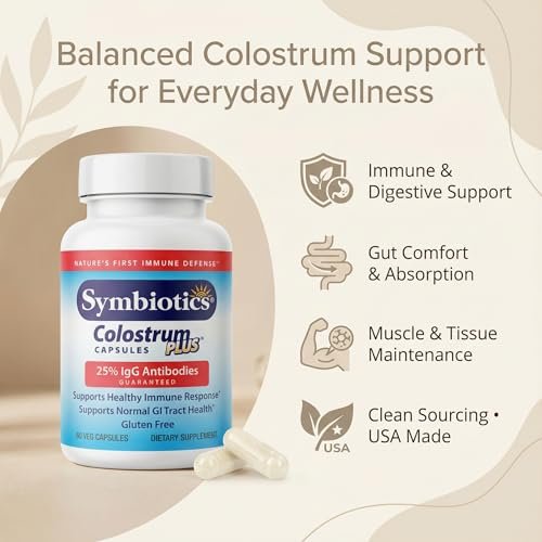 Symbiotics Kolostrum Kapseln, 60 Stück – Immun- & Darmunterstützung mit Lactoferrin und natürlichem IgG – Glutenfrei, RBST-frei