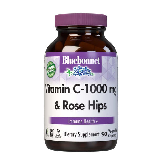 Bluebonnet Nutrition Vitamin C-1000 mg Plus Hagebutten – 90 pflanzliche Kapseln für Immunsystem und Antioxidantienschutz – Soja-, gluten-, GVO-, milch- und veganfrei, koscher