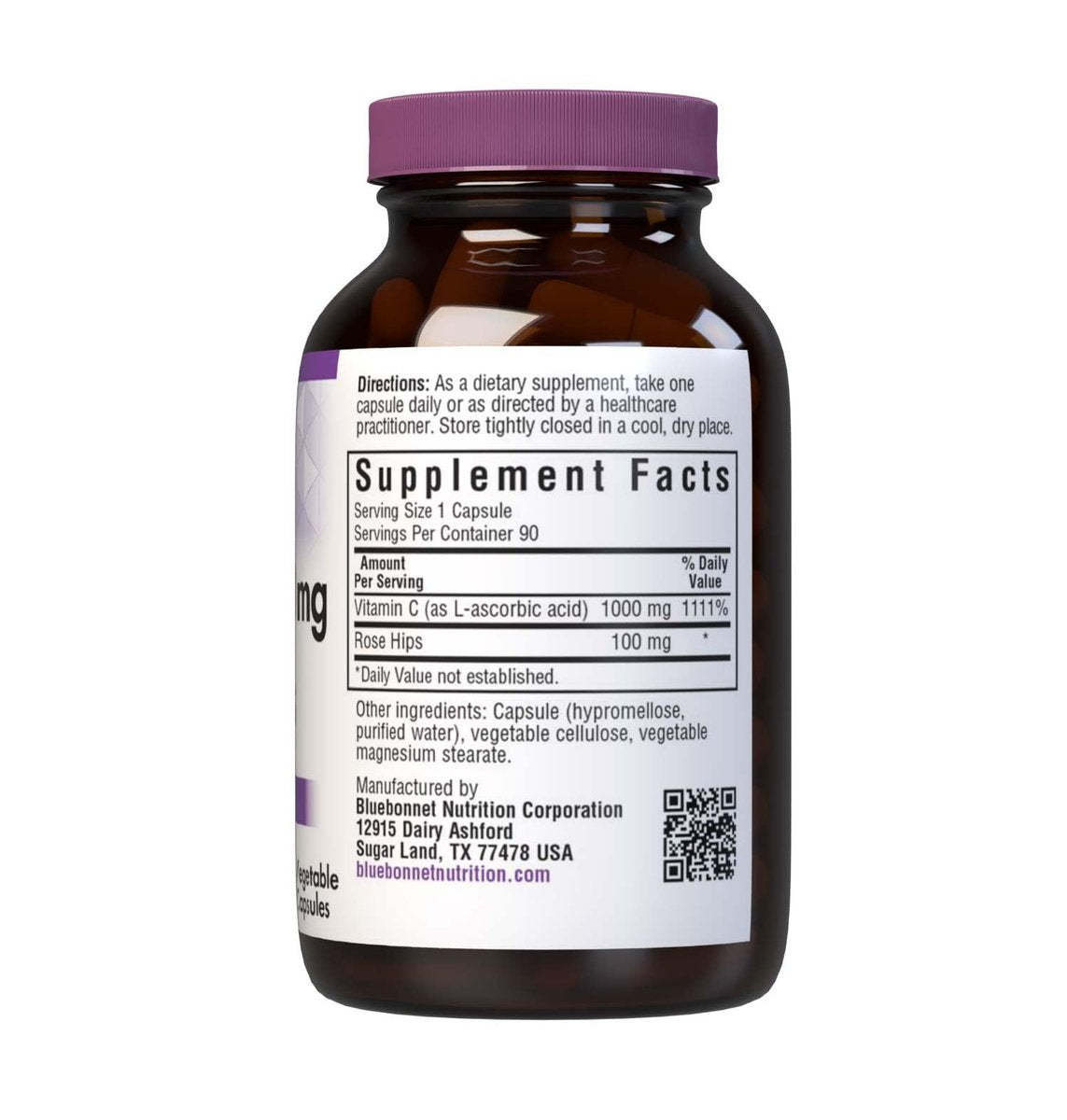 Bluebonnet Nutrition Vitamin C-1000 mg Plus Hagebutten – 90 pflanzliche Kapseln für Immunsystem und Antioxidantienschutz – Soja-, gluten-, GVO-, milch- und veganfrei, koscher