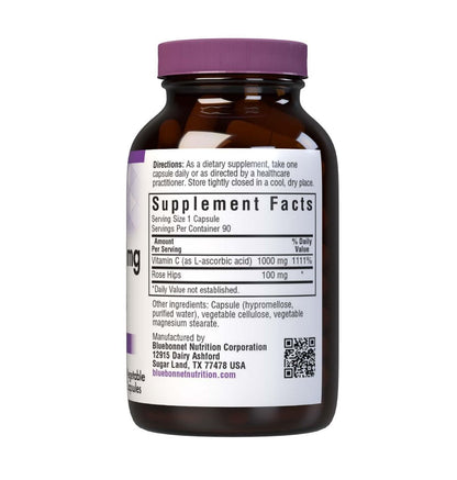 Bluebonnet Nutrition Vitamin C-1000 mg Plus Hagebutten – 90 pflanzliche Kapseln für Immunsystem und Antioxidantienschutz – Soja-, gluten-, GVO-, milch- und veganfrei, koscher