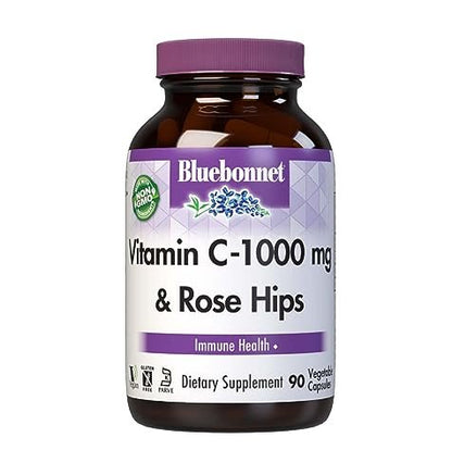 Bluebonnet Nutrition Vitamin C-1000 mg Plus Hagebutten – 90 pflanzliche Kapseln für Immunsystem und Antioxidantienschutz – Soja-, gluten-, GVO-, milch- und veganfrei, koscher