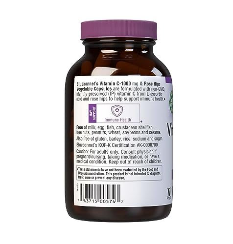 Bluebonnet Nutrition Vitamin C-1000 mg Plus Hagebutten – 90 pflanzliche Kapseln für Immunsystem und Antioxidantienschutz – Soja-, gluten-, GVO-, milch- und veganfrei, koscher