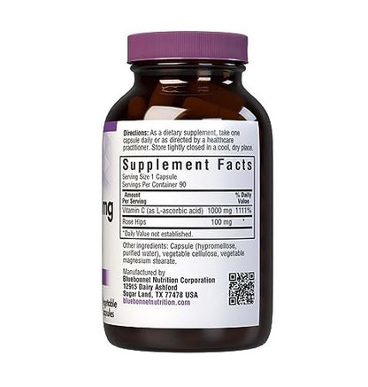 Bluebonnet Nutrition Vitamin C-1000 mg Plus Hagebutten – 90 pflanzliche Kapseln für Immunsystem und Antioxidantienschutz – Soja-, gluten-, GVO-, milch- und veganfrei, koscher