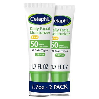Cetaphil Tägliche Gesichtsfeuchtigkeitscreme mit LSF 50, 1,7 Fl Oz (Packung mit 2), sanfte Feuchtigkeitspflege für trockene bis normale Haut, ohne Duftstoffe, von Dermatologen empfohlen