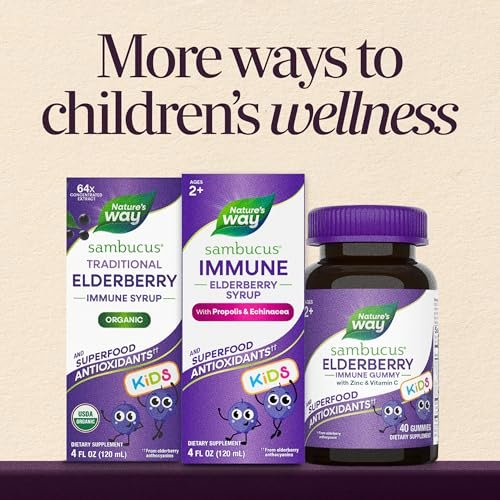 Nature's Way Sambucus Kids Immune Holunderbeeren Sirup, Schwarzer Holunderextrakt mit Echinacea & Propolis, Traditionelle Immununterstützung für Kinder mit Superfood-Antioxidantien, Beerengeschmack, 237 ml