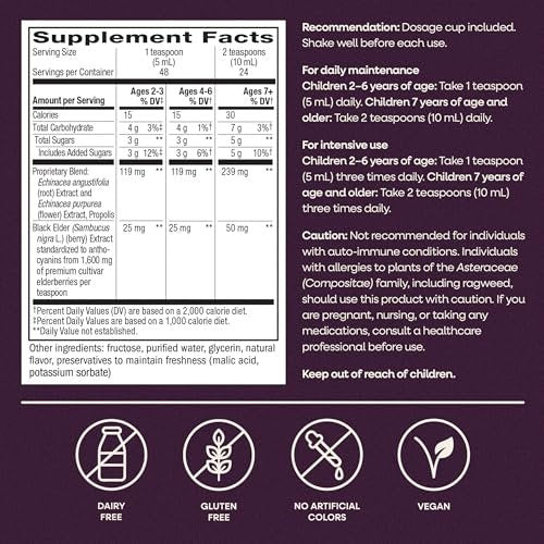 Nature's Way Sambucus Kids Immune Holunderbeeren Sirup, Schwarzer Holunderextrakt mit Echinacea & Propolis, Traditionelle Immununterstützung für Kinder mit Superfood-Antioxidantien, Beerengeschmack, 237 ml