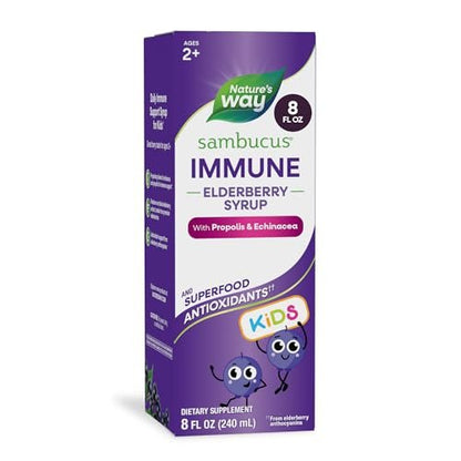 Nature's Way Sambucus Kids Immune Holunderbeeren Sirup, Schwarzer Holunderextrakt mit Echinacea & Propolis, Traditionelle Immununterstützung für Kinder mit Superfood-Antioxidantien, Beerengeschmack, 237 ml