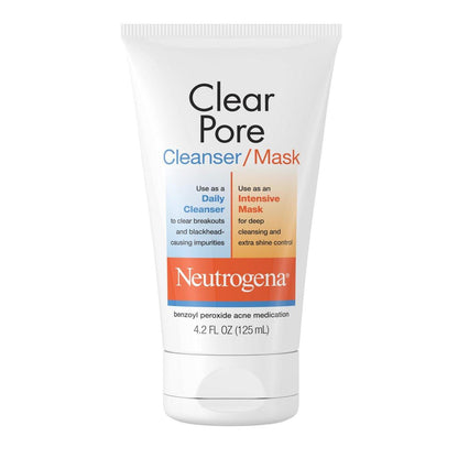 Neutrogena Clear Pore 2-in-1 Gesichtsreiniger & Maske mit Kaolin & Bentonit Tonerde & 3,5% Benzoylperoxid Akne Behandlung, tägliche Gesichtsreinigung & Glanzkontroll-Maske, 4,2 fl. oz, 3er Pack