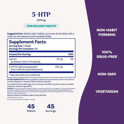 Natrol 5-HTP 200 mg, Zeitfreisetzung, Unterstützt eine ausgeglichene Stimmung, Nahrungsergänzungsmittel für Serotoninproduktion den ganzen Tag, 30 Tabletten, bis zu 30 Tage Versorgung