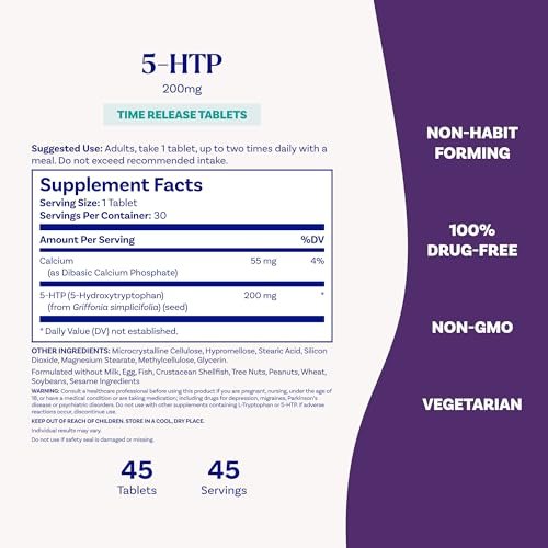 Natrol 5-HTP 200 mg, Zeitfreisetzung, Unterstützt eine ausgeglichene Stimmung, Nahrungsergänzungsmittel für Serotoninproduktion den ganzen Tag, 30 Tabletten, bis zu 30 Tage Versorgung