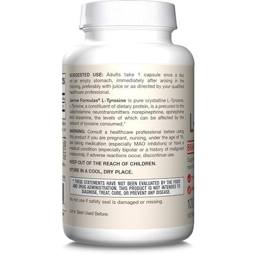 Jarrow Formulas® L-Tyrosin 500 mg – Nahrungsergänzungsmittel für die Gehirngesundheit, 100 Kapseln, 100-Tage-Vorrat