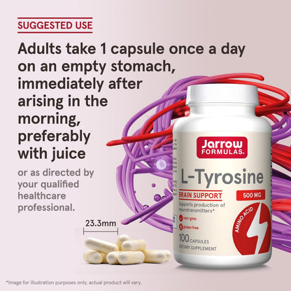Jarrow Formulas® L-Tyrosin 500 mg – Nahrungsergänzungsmittel für die Gehirngesundheit, 100 Kapseln, 100-Tage-Vorrat