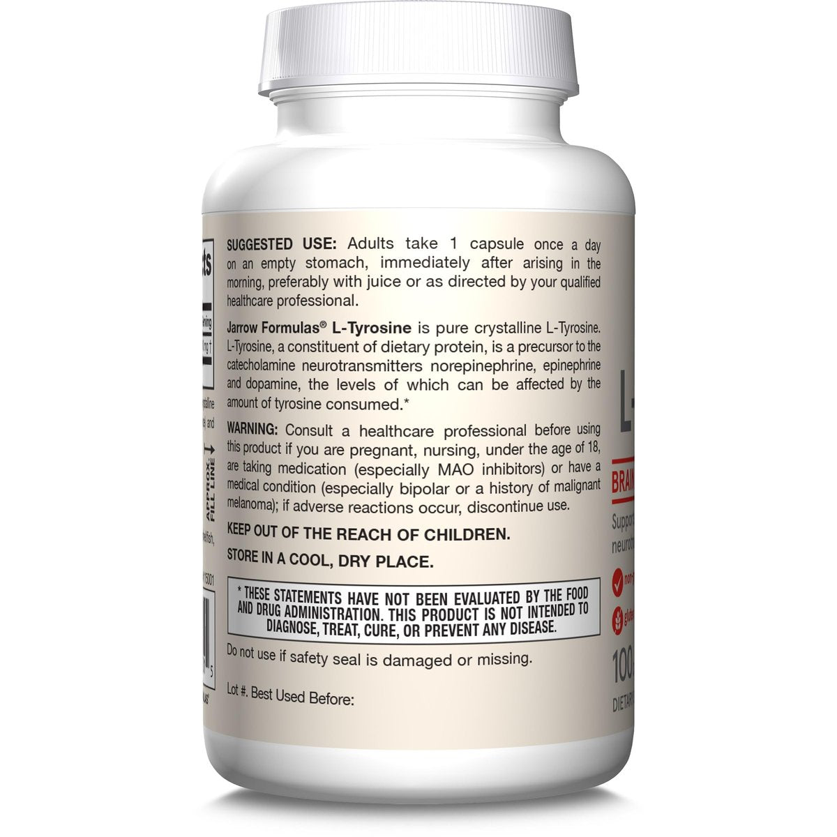 Jarrow Formulas® L-Tyrosin 500 mg – Nahrungsergänzungsmittel für die Gehirngesundheit, 100 Kapseln, 100-Tage-Vorrat