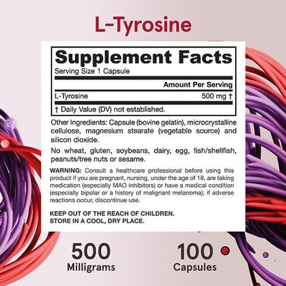 Jarrow Formulas® L-Tyrosin 500 mg – Nahrungsergänzungsmittel für die Gehirngesundheit, 100 Kapseln, 100-Tage-Vorrat
