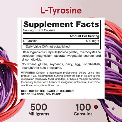 Jarrow Formulas® L-Tyrosin 500 mg – Nahrungsergänzungsmittel für die Gehirngesundheit, 100 Kapseln, 100-Tage-Vorrat
