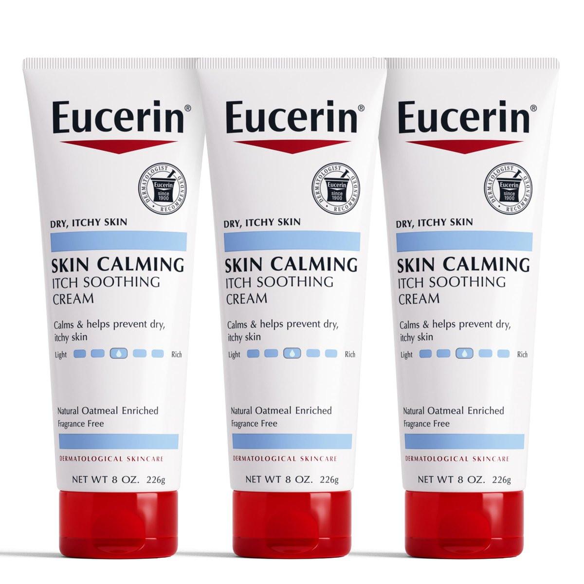 Eucerin Skin Calming Creme – Körperlotion für trockene, juckende Haut mit natürlichem Hafer, 8 oz Tube (3er-Pack)