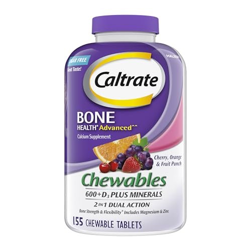 Caltrate Kautabletten 600 + D3 Plus Mineralien Calcium und Vitamin D, Zuckerfrei, Kirsche, Orange und Fruchtpunsch, 155 Stück