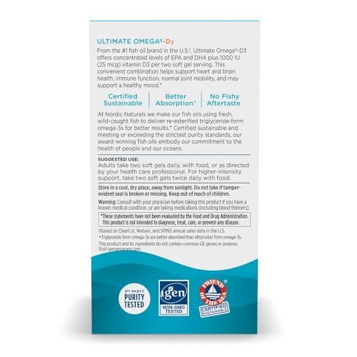 Nordic Naturals Ultimate Omega-D3, Zitronengeschmack - 60 Weichkapseln - 1280 mg Omega-3 + 1000 IE Vitamin D3 - EPA & DHA - Unterstützt Gehirn-, Herz- & Immunsystem-Gesundheit - 30 Portionen