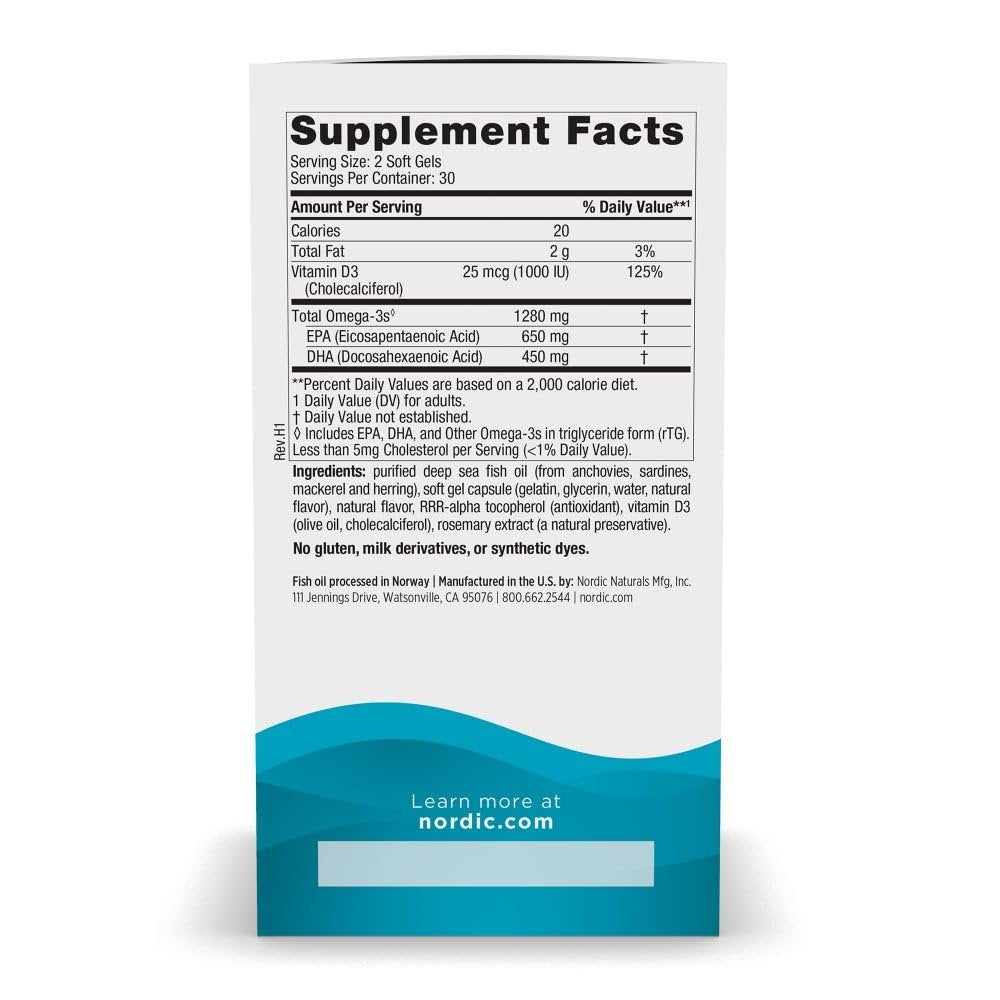 Nordic Naturals Ultimate Omega-D3, Zitronengeschmack - 60 Weichkapseln - 1280 mg Omega-3 + 1000 IE Vitamin D3 - EPA & DHA - Unterstützt Gehirn-, Herz- & Immunsystem-Gesundheit - 30 Portionen